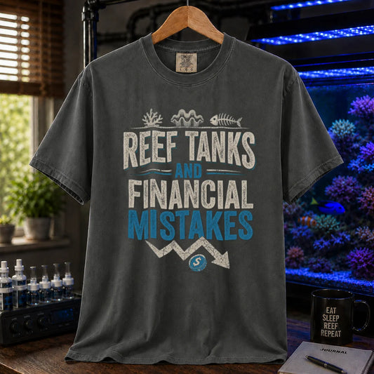 Saltwater aquarium graphic t-shirt featuring financial chart graphics and text: REEF TANKS AND FINANCIAL MISTAKES, dark grey crew neck tee