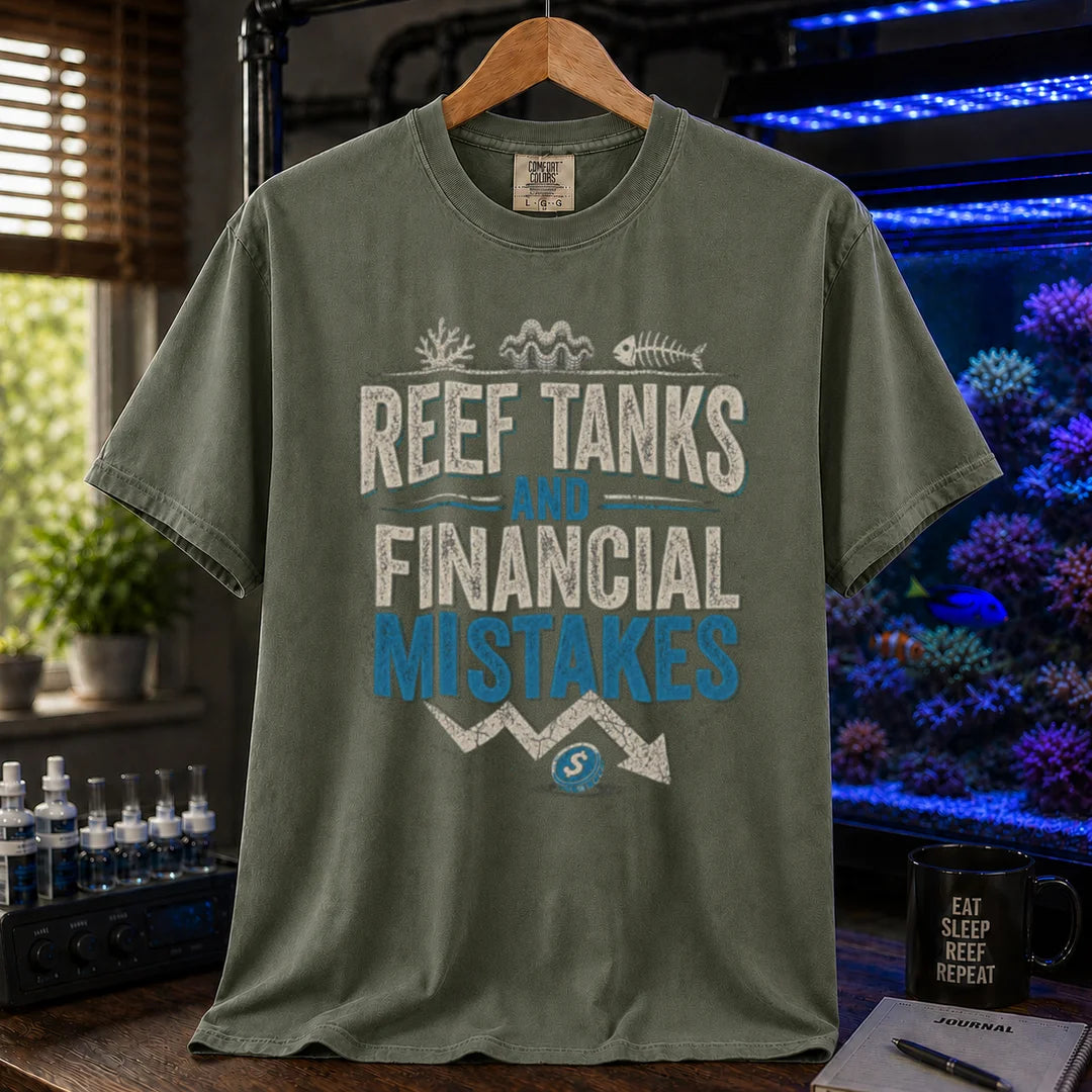Saltwater aquarium graphic t-shirt featuring financial chart graphics and text: REEF TANKS AND FINANCIAL MISTAKES, military green crew neck tee