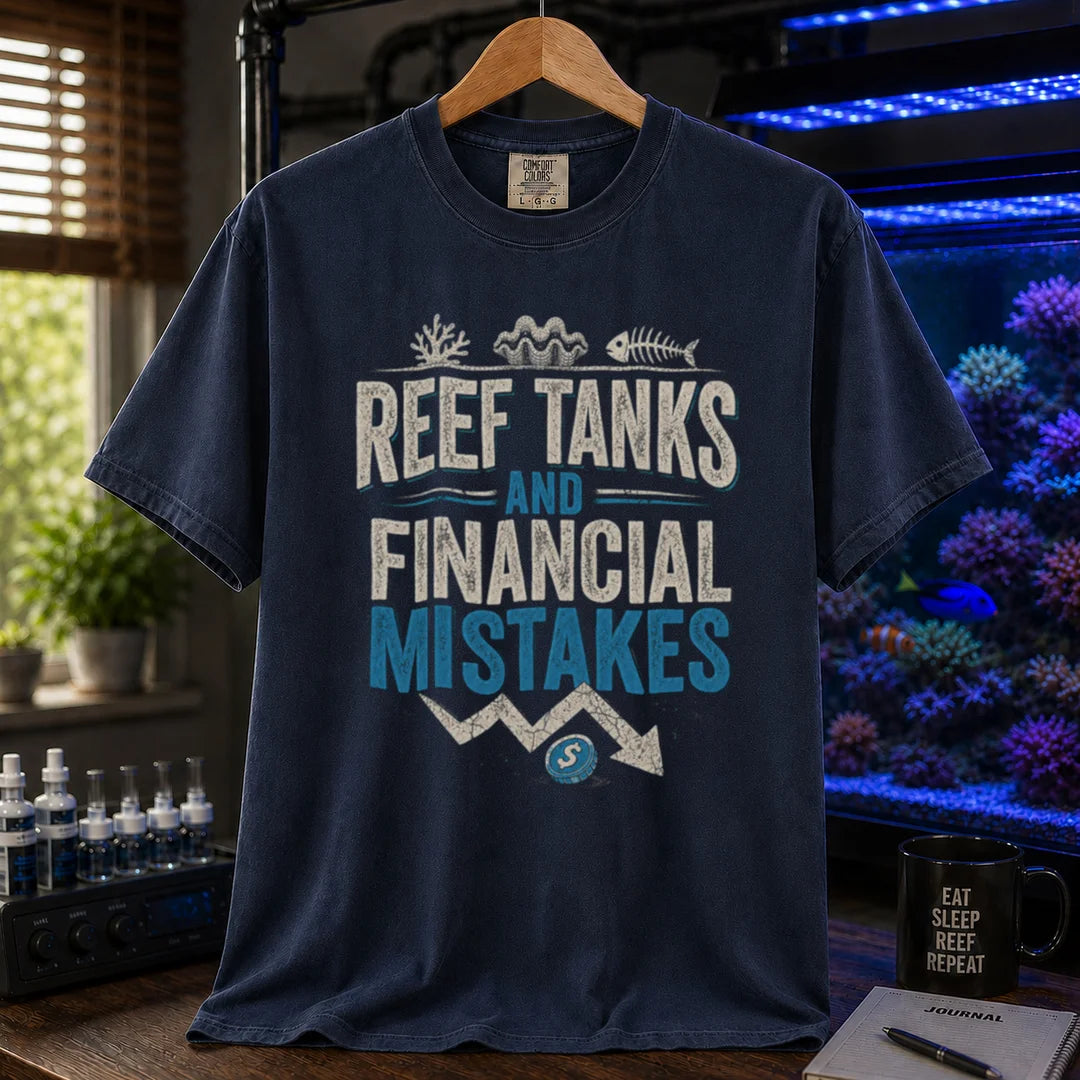 Saltwater aquarium graphic t-shirt featuring financial chart graphics and text: REEF TANKS AND FINANCIAL MISTAKES, navy crew neck tee