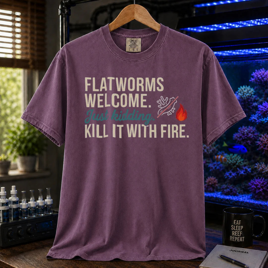 Saltwater aquarium graphic t-shirt featuring flatworm pest illustration and text: FLATWORMS WELCOME. Just kidding. KILL IT WITH FIRE., purple crew neck tee