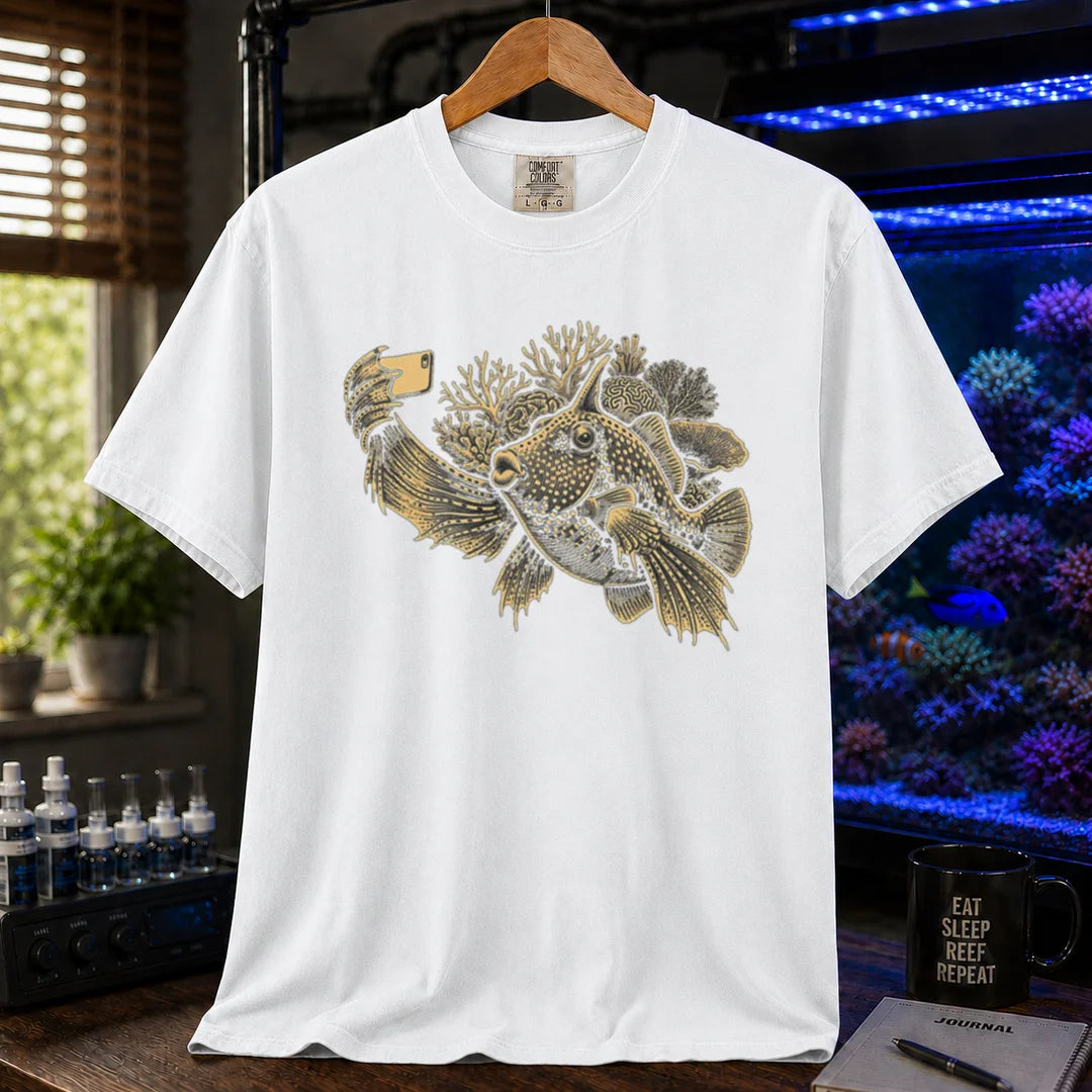 Saltwater aquarium graphic t-shirt featuring a fish taking a selfie illustration with corals, white crew neck tee