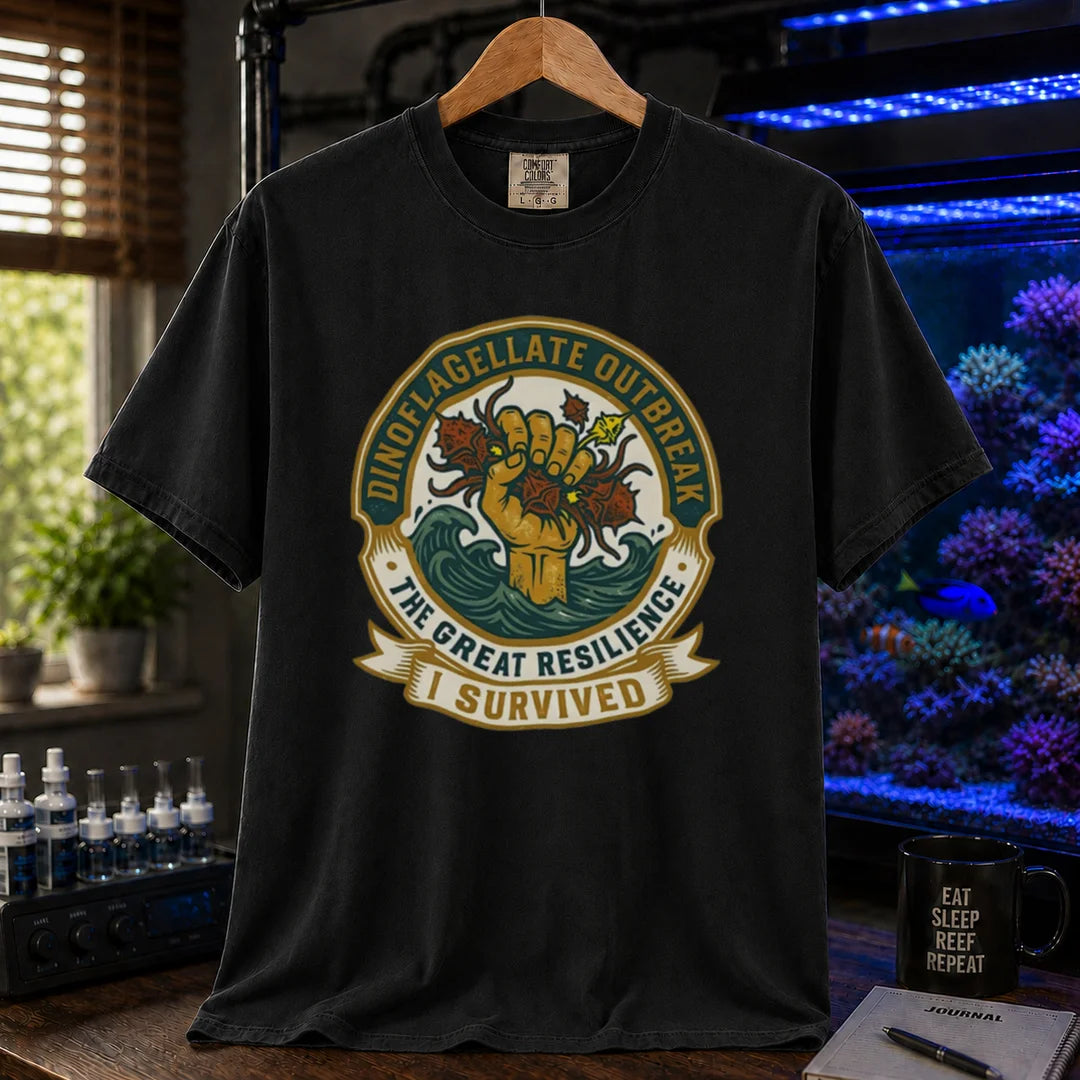 Saltwater aquarium graphic t-shirt featuring a retro survival badge illustration and text: DINOFLAGELLATE OUTBREAK THE GREAT RESILIENCE I SURVIVED, black crew neck tee
