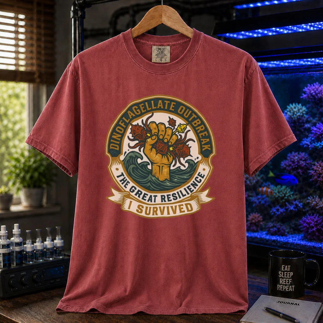 Saltwater aquarium graphic t-shirt featuring a retro survival badge illustration and text: DINOFLAGELLATE OUTBREAK THE GREAT RESILIENCE I SURVIVED, maroon, red crew neck tee