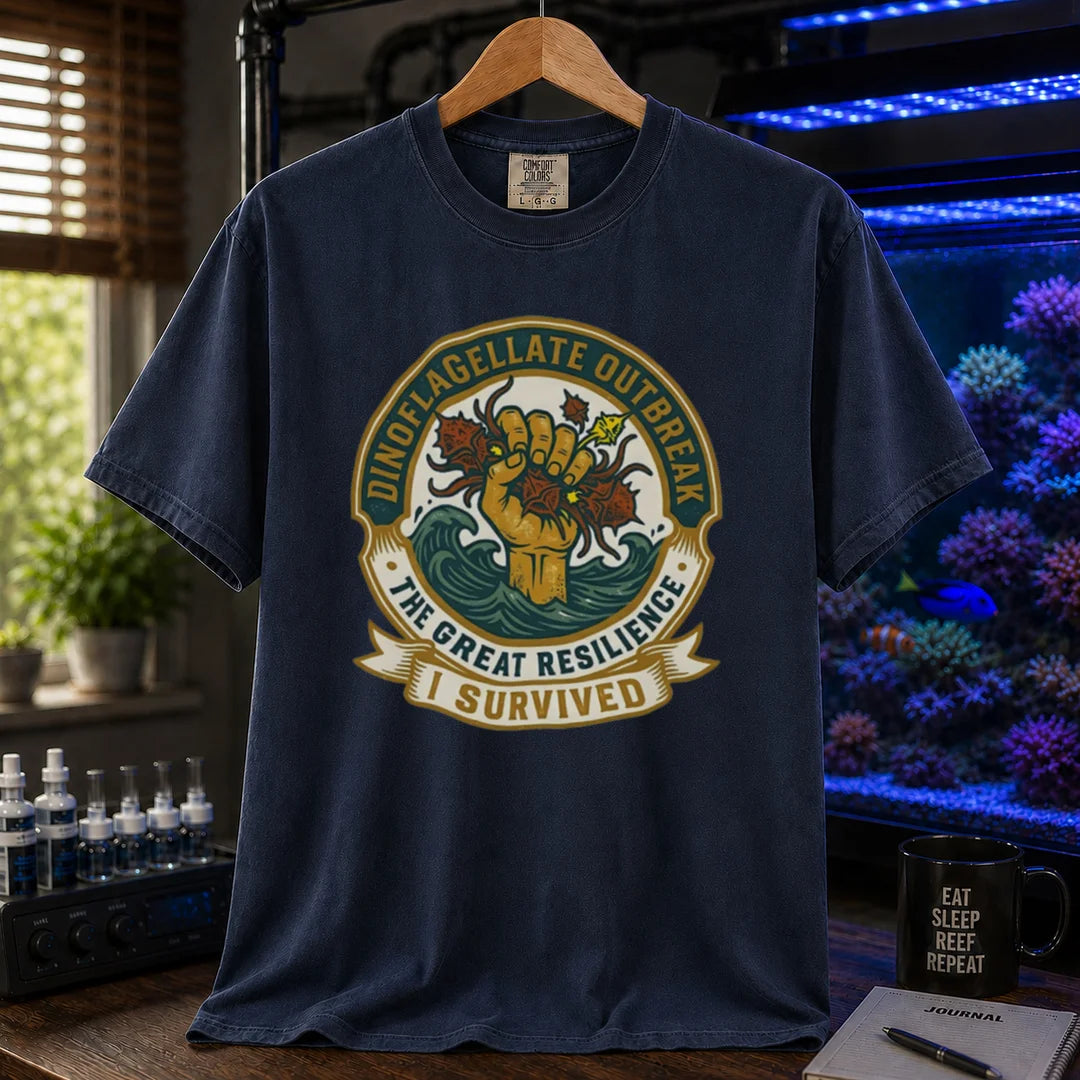 Saltwater aquarium graphic t-shirt featuring a retro survival badge illustration and text: DINOFLAGELLATE OUTBREAK THE GREAT RESILIENCE I SURVIVED, navy crew neck tee