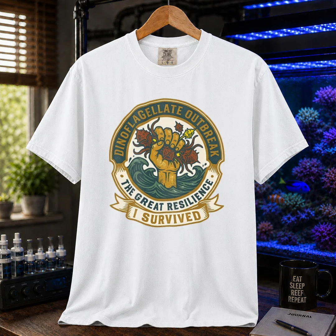 Saltwater aquarium graphic t-shirt featuring a retro survival badge illustration and text: DINOFLAGELLATE OUTBREAK THE GREAT RESILIENCE I SURVIVED, white crew neck tee