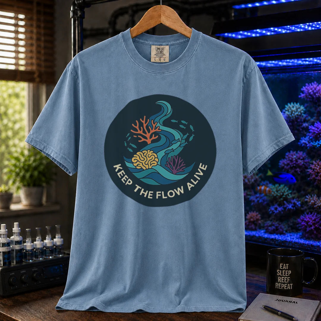 Saltwater aquarium graphic t-shirt featuring a circular current and coral illustration with text: KEEP THE FLOW ALIVE, blue crew neck tee