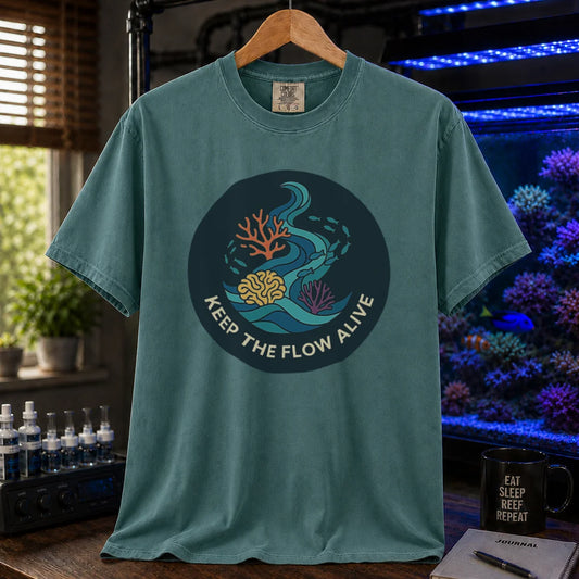 Saltwater aquarium graphic t-shirt featuring a circular current and coral illustration with text: KEEP THE FLOW ALIVE, green crew neck tee