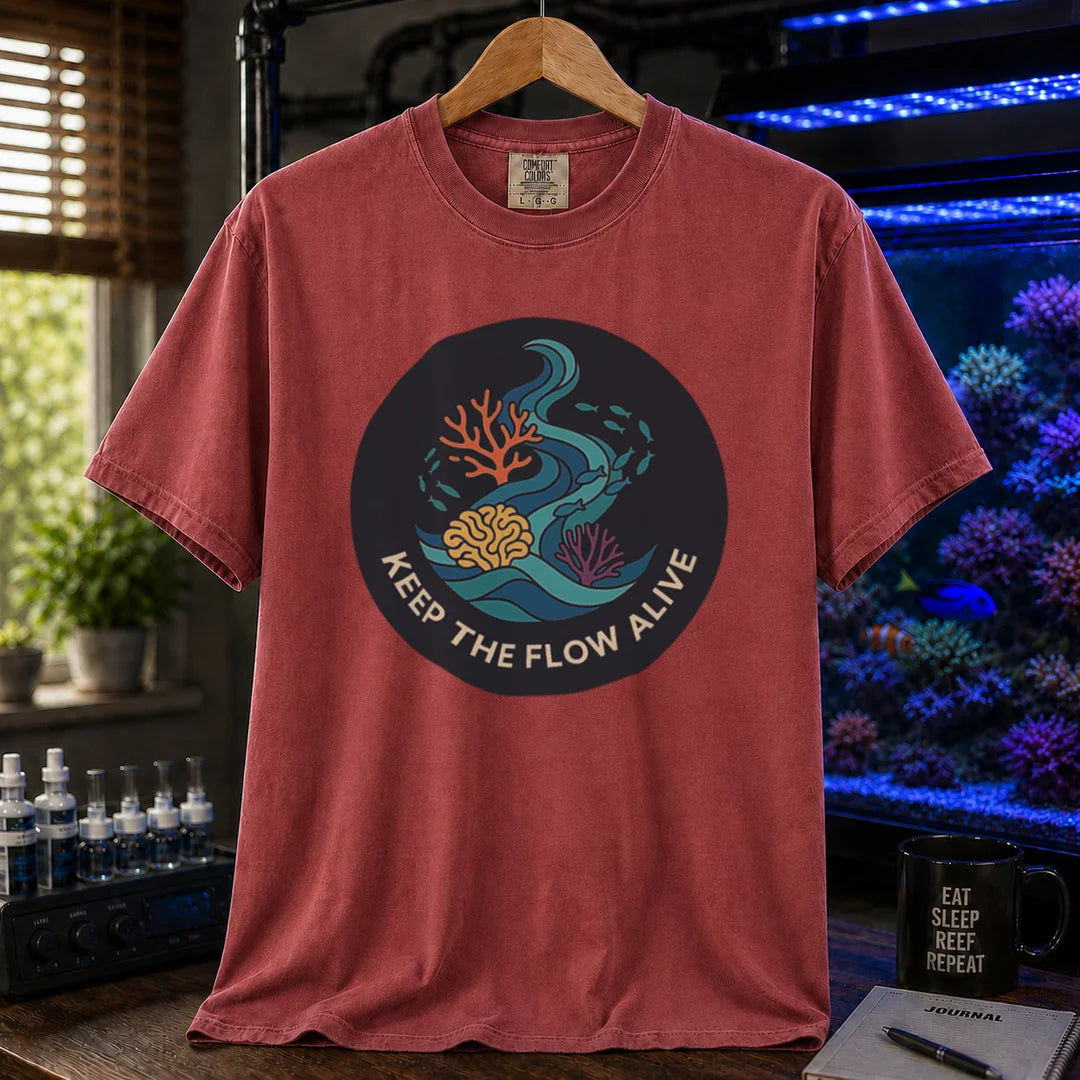 Saltwater aquarium graphic t-shirt featuring a circular current and coral illustration with text: KEEP THE FLOW ALIVE, maroon, red crew neck tee