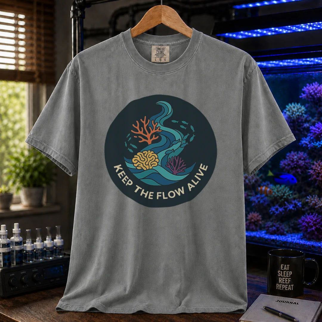 Saltwater aquarium graphic t-shirt featuring a circular current and coral illustration with text: KEEP THE FLOW ALIVE, grey crew neck tee