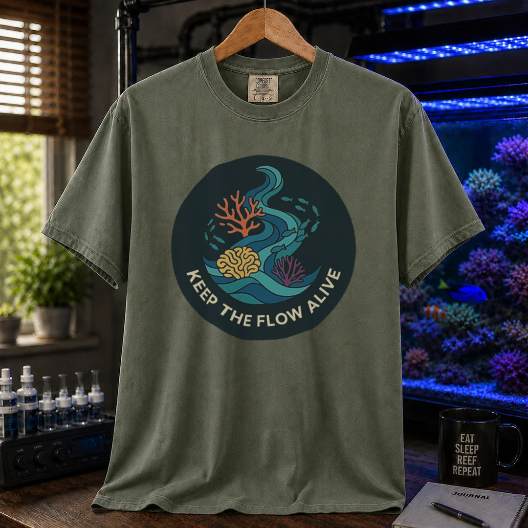 Saltwater aquarium graphic t-shirt featuring a circular current and coral illustration with text: KEEP THE FLOW ALIVE, military green crew neck tee