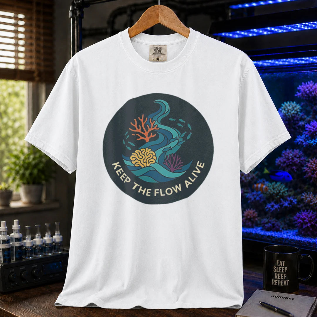 Saltwater aquarium graphic t-shirt featuring a circular current and coral illustration with text: KEEP THE FLOW ALIVE, white crew neck tee