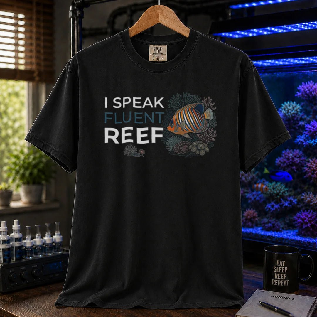 Saltwater aquarium graphic t-shirt featuring an angelfish and coral illustration with text: I SPEAK FLUENT REEF,  crew black neck tee