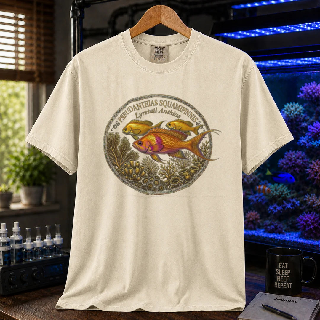 Saltwater aquarium graphic t-shirt featuring a Lyretail Anthias scientific illustration badge and text: PSEUDANTHIAS SQUAMIPINNIS Lyretail Anthias, cream, beige, ivory crew neck tee