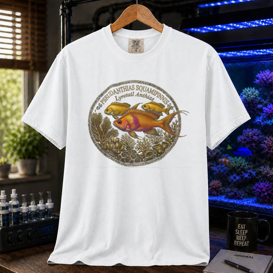 Saltwater aquarium graphic t-shirt featuring a Lyretail Anthias scientific illustration badge and text: PSEUDANTHIAS SQUAMIPINNIS Lyretail Anthias, white crew neck tee