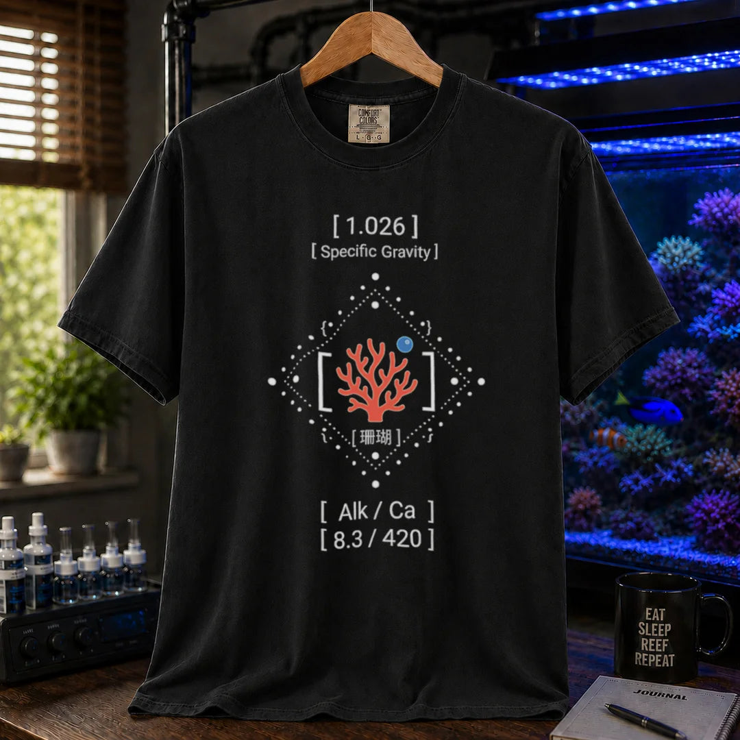 Saltwater aquarium graphic t-shirt featuring water parameter data and coral illustration: SPECIFIC GRAVITY ALK CA, black crew neck tee