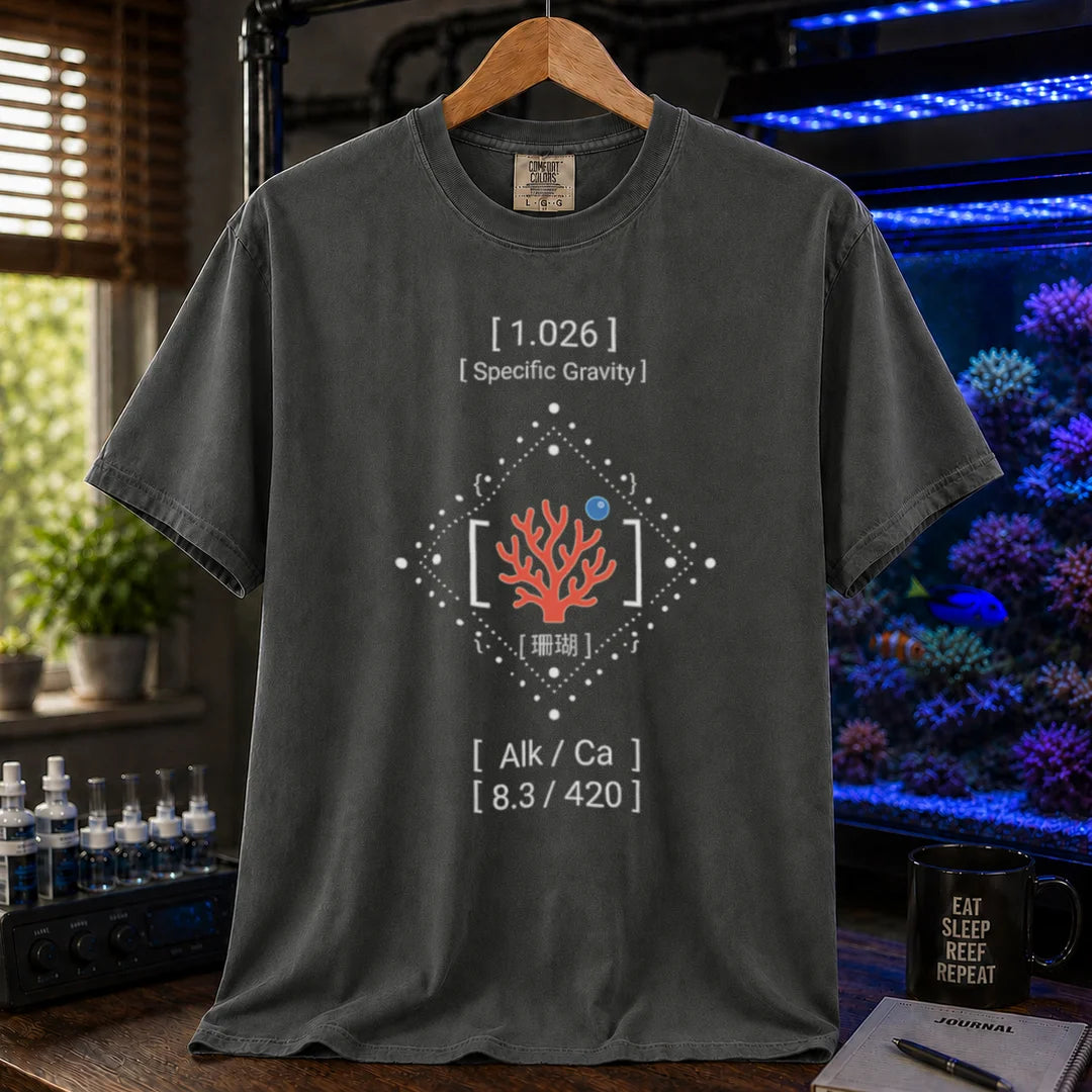 Saltwater aquarium graphic t-shirt featuring water parameter data and coral illustration: SPECIFIC GRAVITY ALK CA, dark grey crew neck tee
