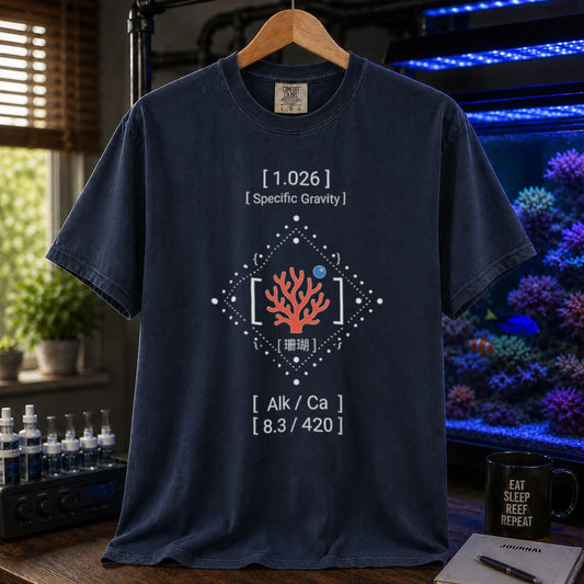 Saltwater aquarium graphic t-shirt featuring water parameter data and coral illustration: SPECIFIC GRAVITY ALK CA, navy crew neck tee