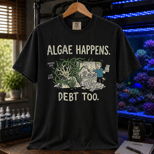 Saltwater aquarium graphic t-shirt featuring an overgrown tank and stressed aquarist illustration with text: ALGAE HAPPENS. DEBT TOO., black crew neck tee