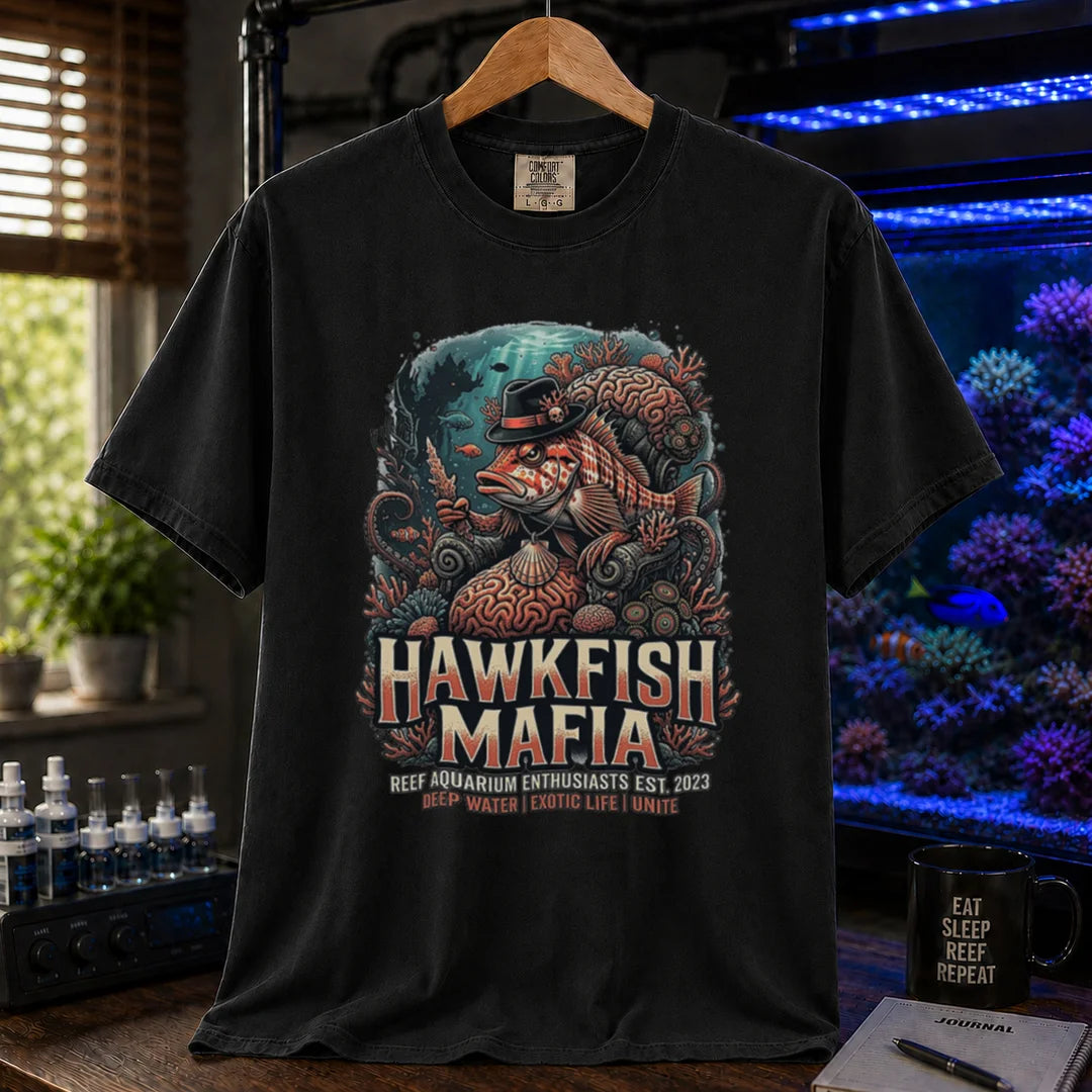Saltwater aquarium graphic t-shirt featuring a hawkfish in a fedora mob boss illustration and text: HAWKFISH MAFIA, black crew neck tee