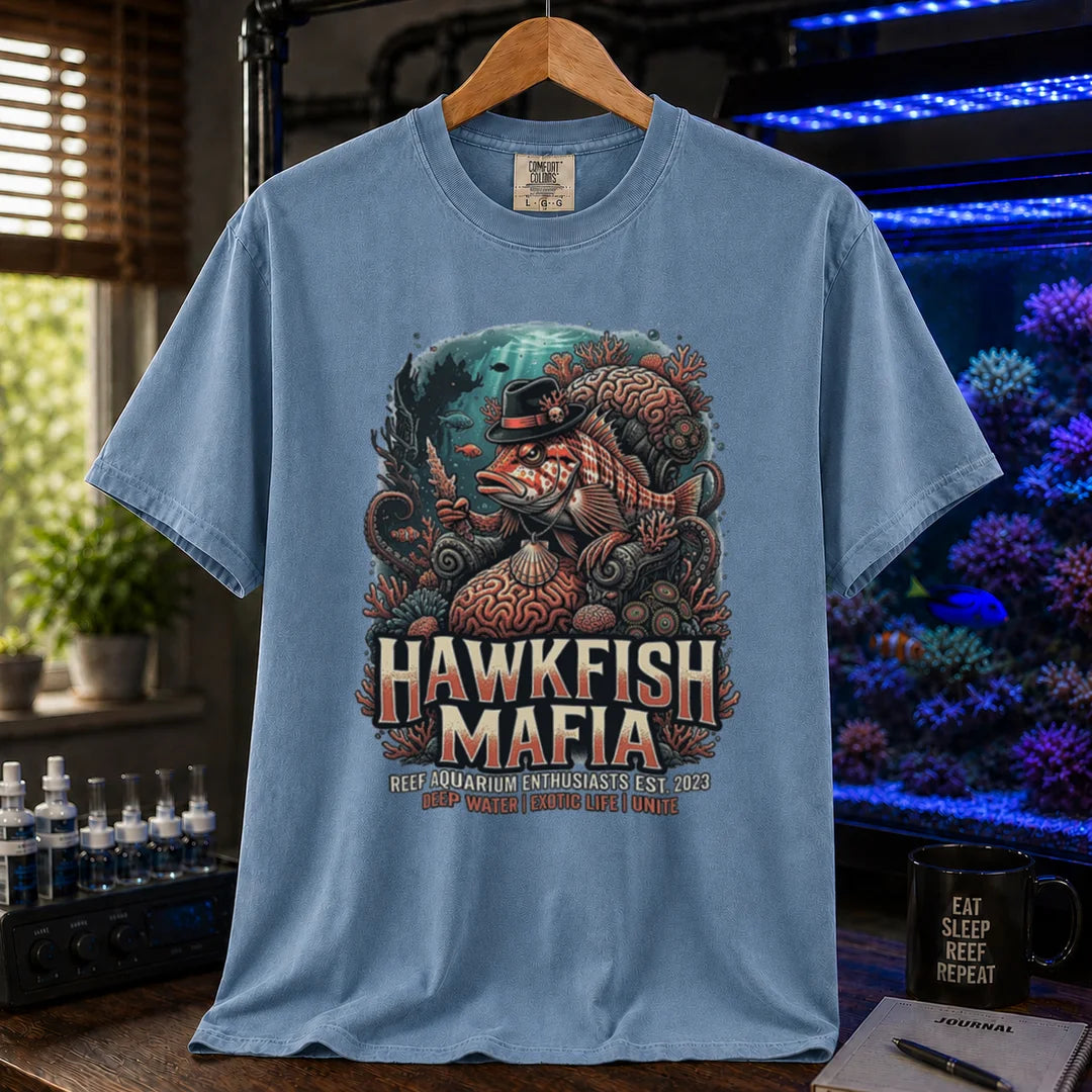 Saltwater aquarium graphic t-shirt featuring a hawkfish in a fedora mob boss illustration and text: HAWKFISH MAFIA, blue crew neck tee