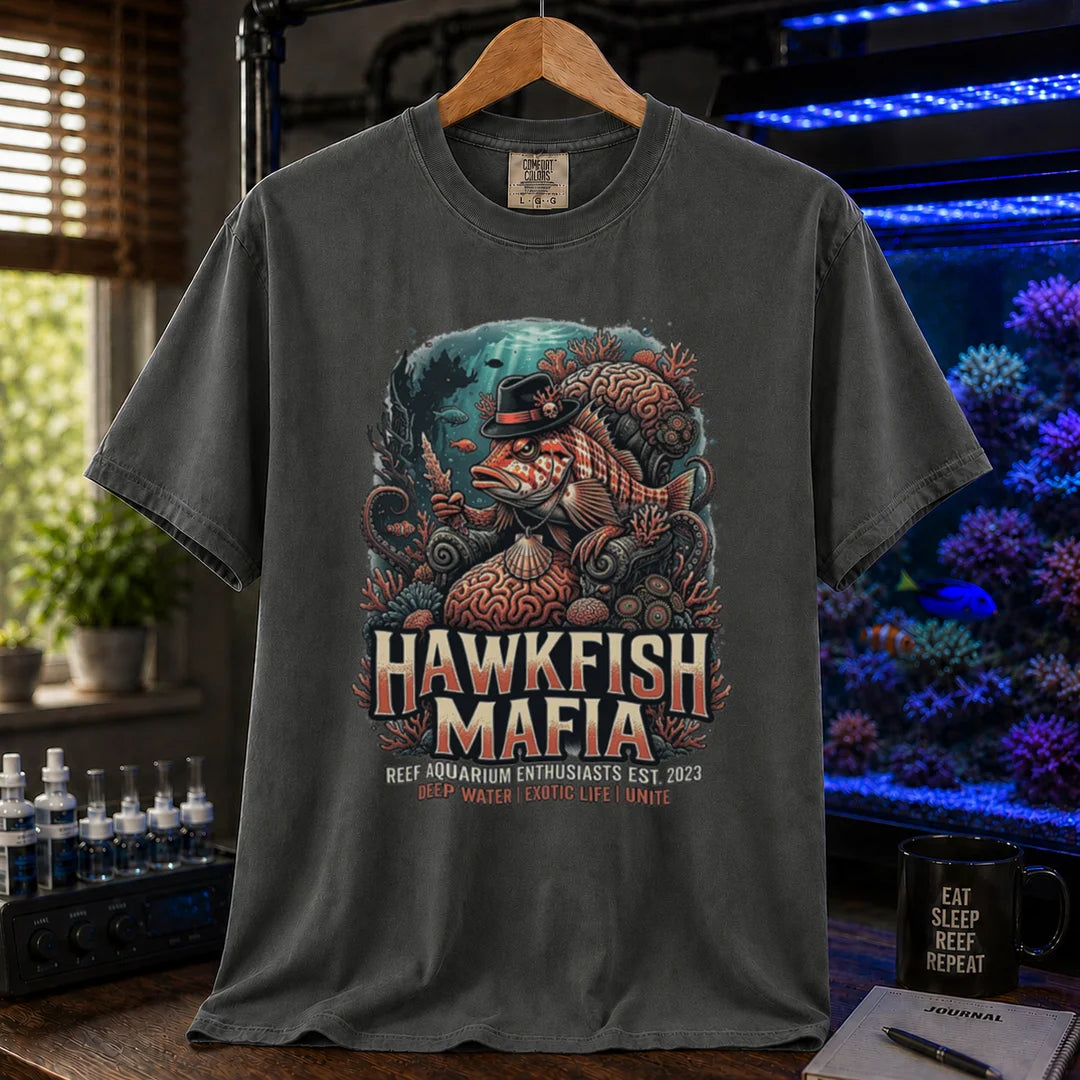 Saltwater aquarium graphic t-shirt featuring a hawkfish in a fedora mob boss illustration and text: HAWKFISH MAFIA, dark grey crew neck tee