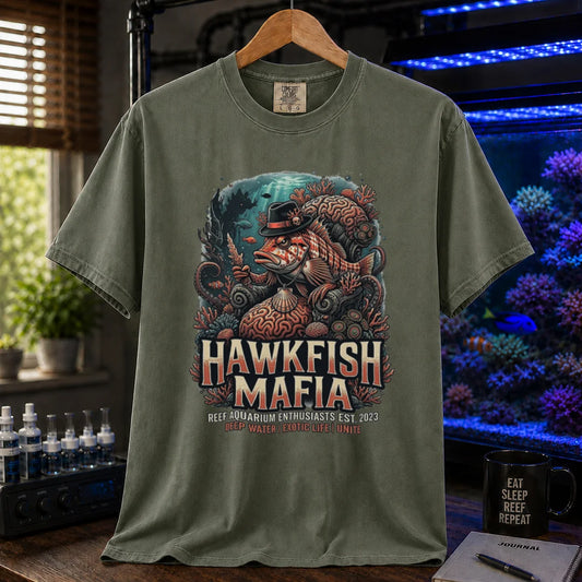 Saltwater aquarium graphic t-shirt featuring a hawkfish in a fedora mob boss illustration and text: HAWKFISH MAFIA, military green crew neck tee