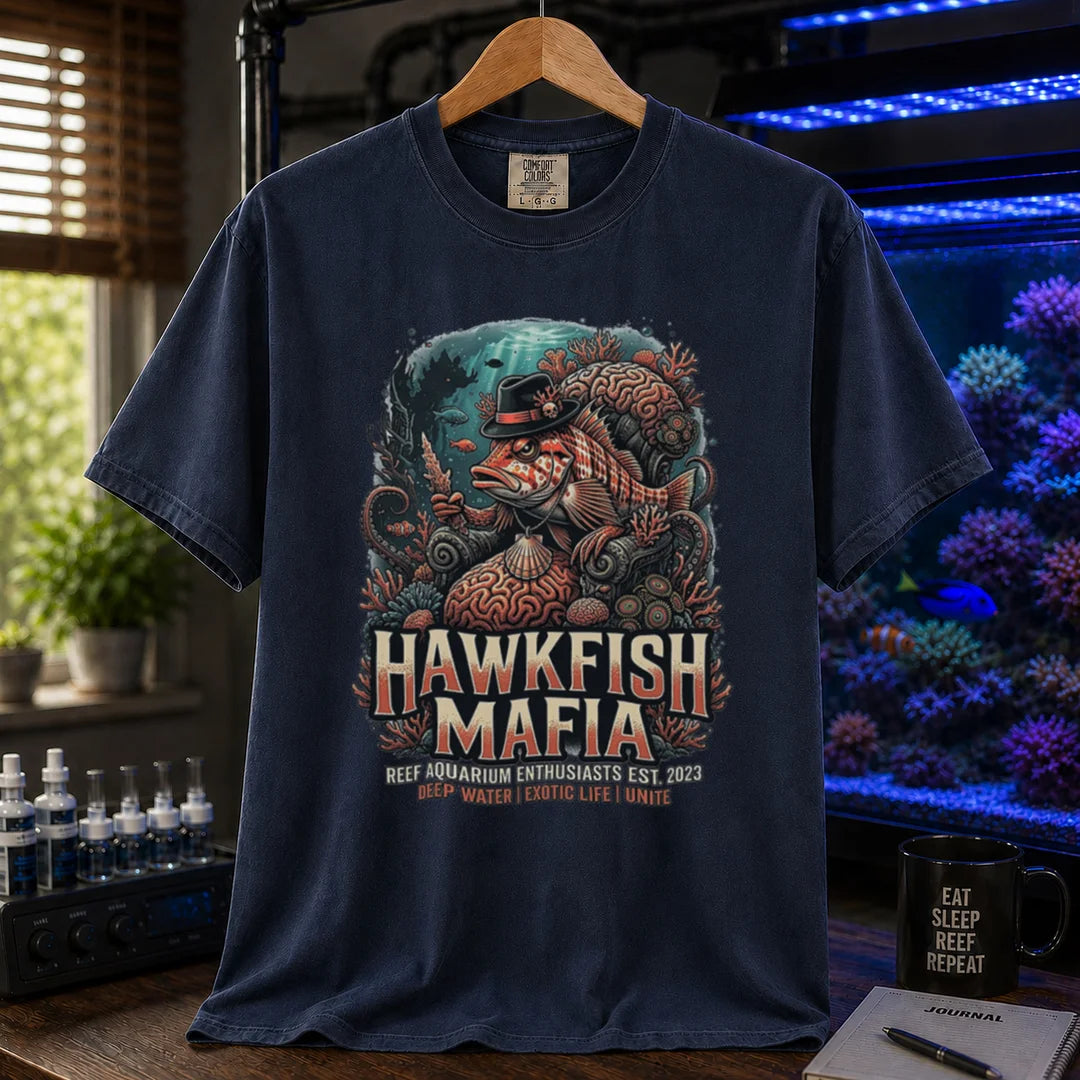 Saltwater aquarium graphic t-shirt featuring a hawkfish in a fedora mob boss illustration and text: HAWKFISH MAFIA, navy crew neck tee