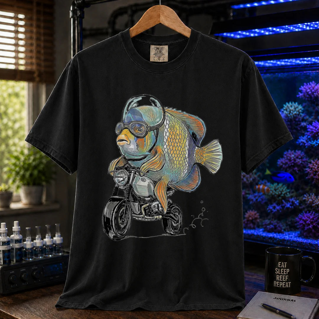 Saltwater aquarium graphic t-shirt featuring a wrasse in goggles and helmet riding a motorcycle illustration, black crew neck tee