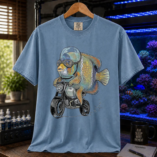 Saltwater aquarium graphic t-shirt featuring a wrasse in goggles and helmet riding a motorcycle illustration, blue crew neck tee