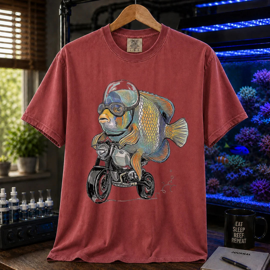 Saltwater aquarium graphic t-shirt featuring a wrasse in goggles and helmet riding a motorcycle illustration, maroon, red crew neck tee
