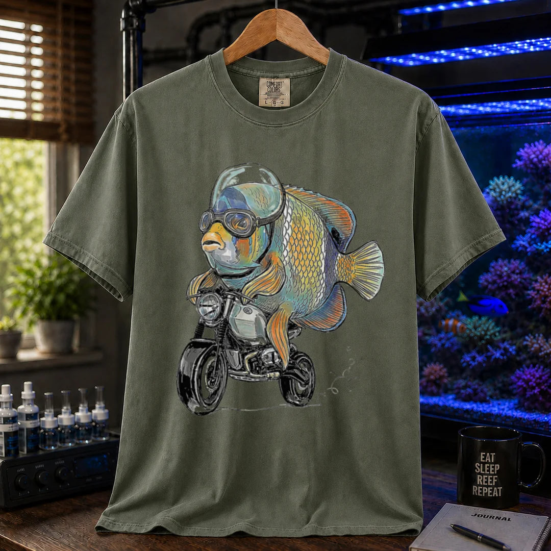 Saltwater aquarium graphic t-shirt featuring a wrasse in goggles and helmet riding a motorcycle illustration, military green crew neck tee