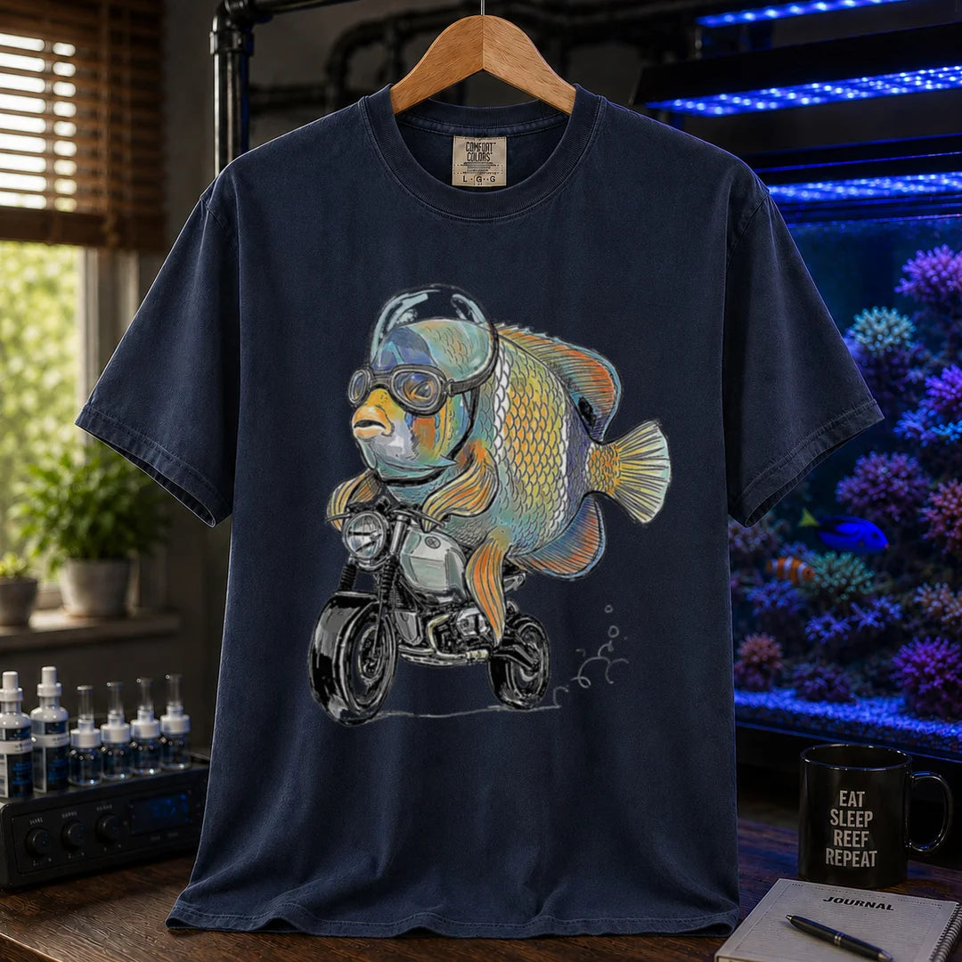 Saltwater aquarium graphic t-shirt featuring a wrasse in goggles and helmet riding a motorcycle illustration, navy crew neck tee