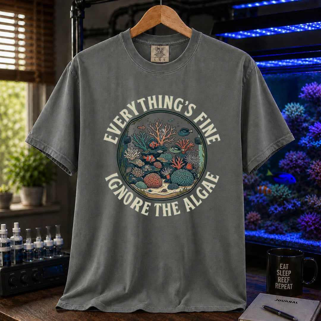 Saltwater aquarium graphic t-shirt featuring a circular reef tank illustration and curved text: EVERYTHING'S FINE IGNORE THE ALGAE, grey crew neck tee