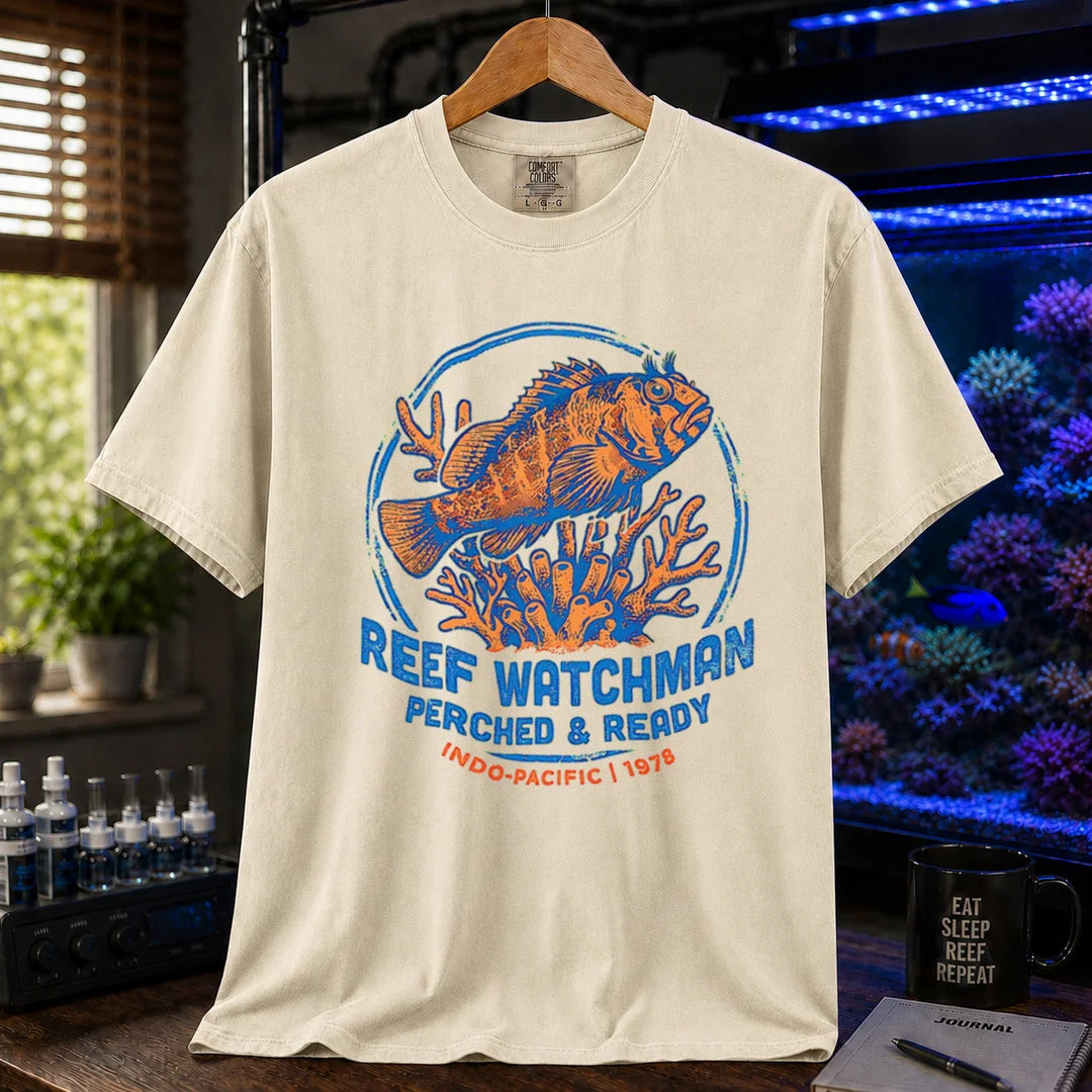 Saltwater aquarium graphic t-shirt featuring a fish perched on coral and text: REEF WATCHMAN PERCHED & READY INDO-PACIFIC 1978, cream, beige, ivory crew neck tee