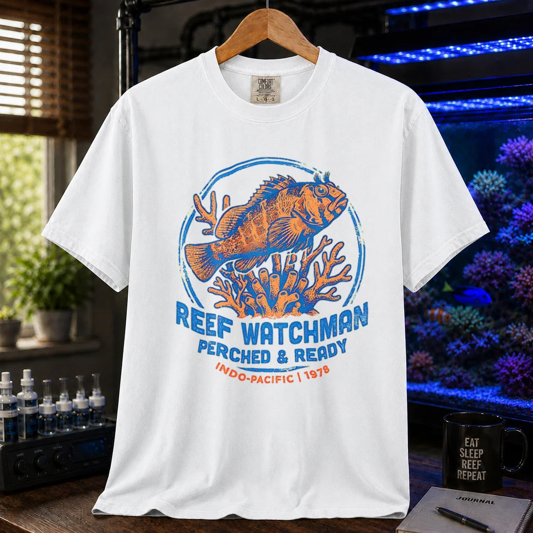 Saltwater aquarium graphic t-shirt featuring a fish perched on coral and text: REEF WATCHMAN PERCHED & READY INDO-PACIFIC 1978, white crew neck tee