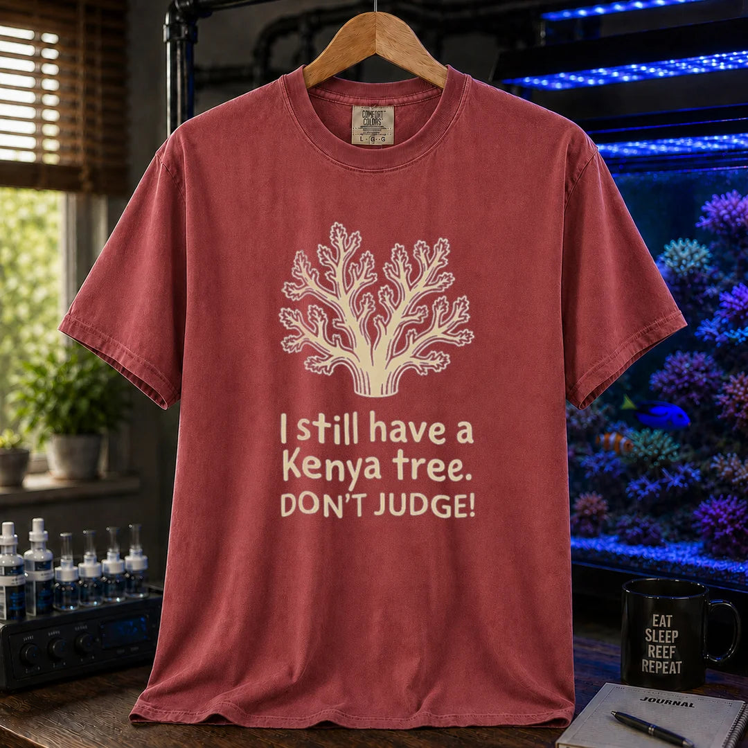 Saltwater aquarium graphic t-shirt featuring a Kenya tree coral illustration and text: I still have a Kenya tree. DON'T JUDGE!, maroon, red crew neck tee