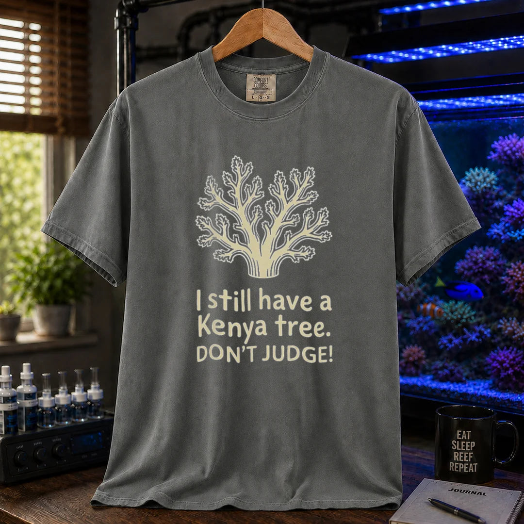 Saltwater aquarium graphic t-shirt featuring a Kenya tree coral illustration and text: I still have a Kenya tree. DON'T JUDGE!, dark grey crew neck tee