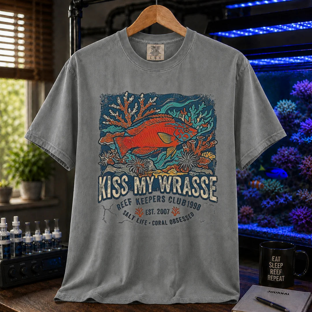 Saltwater aquarium graphic t-shirt featuring a wrasse and coral reef illustration with text: KISS MY WRASSE REEF KEEPERS CLUB, grey crew neck tee