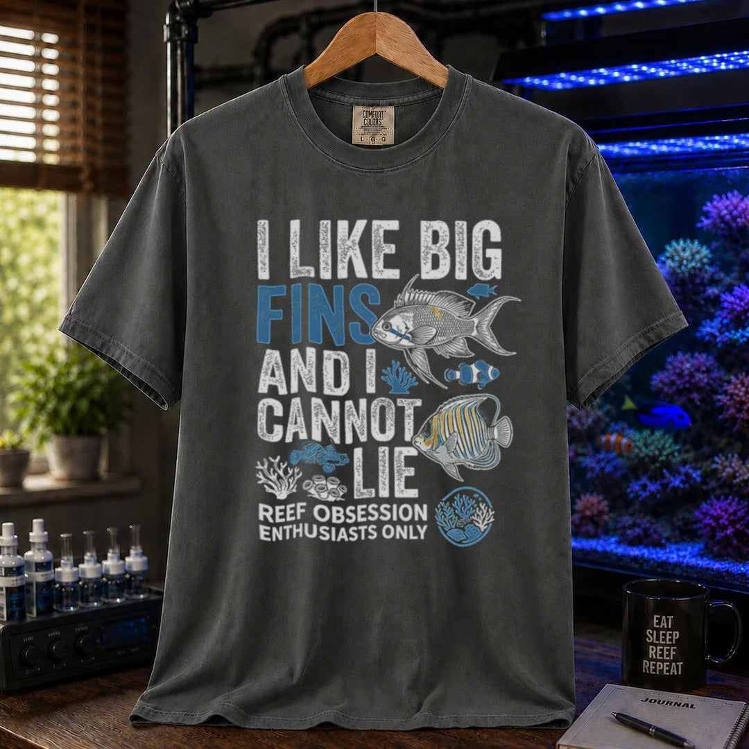 Saltwater aquarium graphic t-shirt featuring marine fish illustrations and text: I LIKE BIG FINS AND I CANNOT LIE REEF OBSESSION ENTHUSIASTS ONLY, dark grey crew neck tee