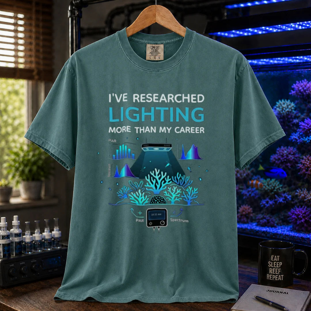 Saltwater aquarium graphic t-shirt featuring lighting and PAR graphs with text: I'VE RESEARCHED LIGHTING MORE THAN MY CAREER, green crew neck tee