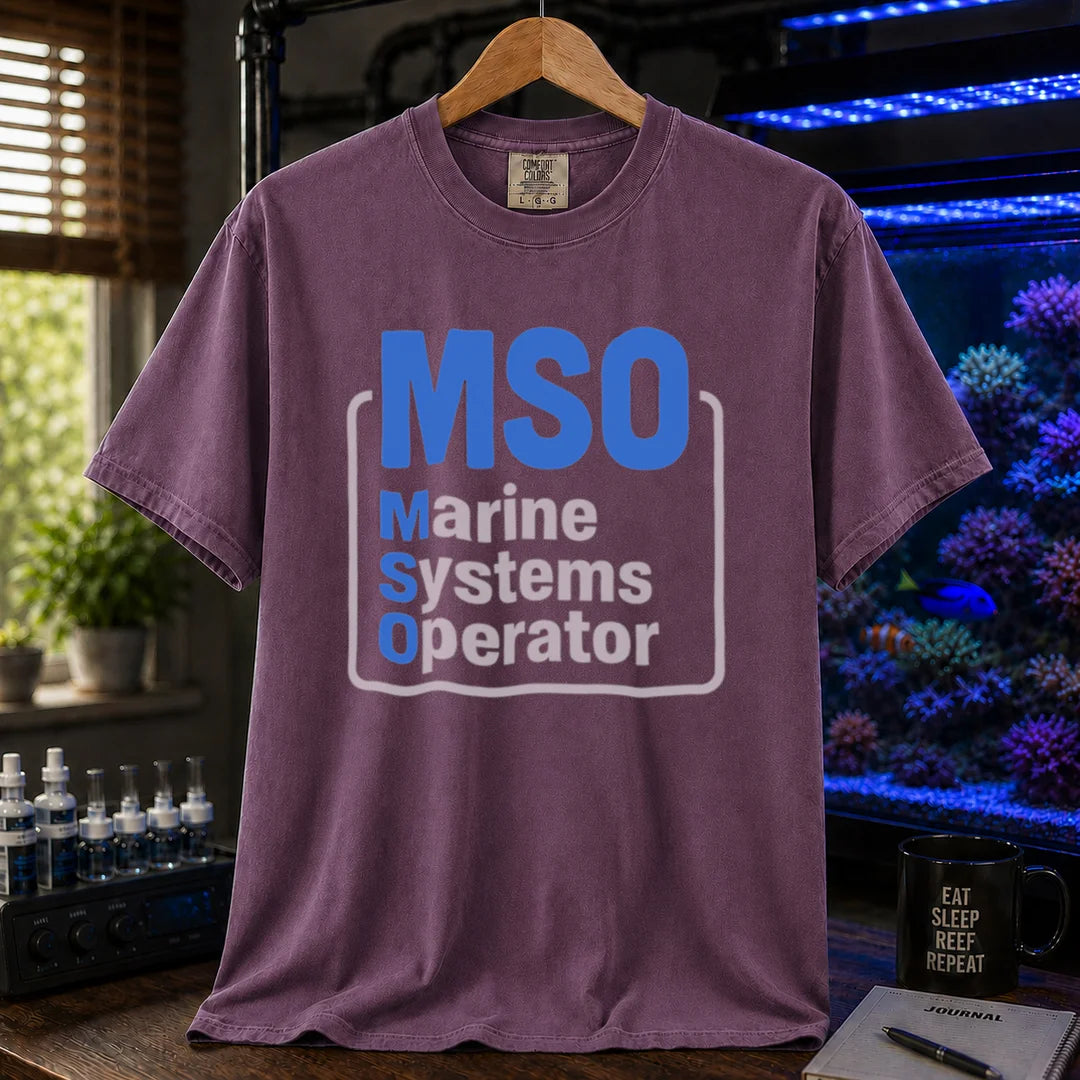 Saltwater aquarium graphic t-shirt featuring a boxed design with text: MSO Marine Systems Operator, purple crew neck tee