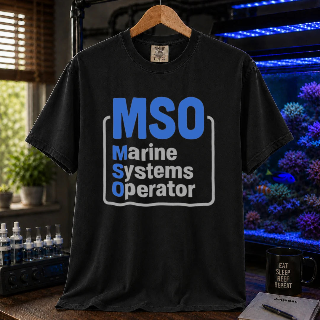 Saltwater aquarium graphic t-shirt featuring a boxed design with text: MSO Marine Systems Operator, black crew neck tee