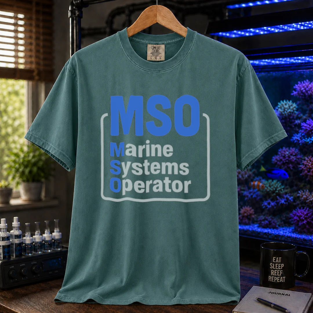 Saltwater aquarium graphic t-shirt featuring a boxed design with text: MSO Marine Systems Operator, green crew neck tee