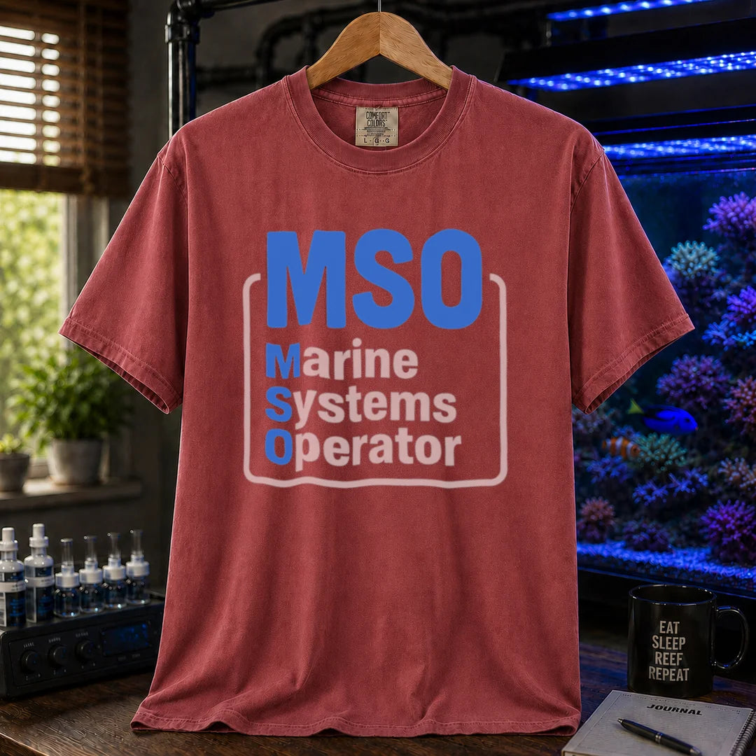 Saltwater aquarium graphic t-shirt featuring a boxed design with text: MSO Marine Systems Operator, maroon, red crew neck tee