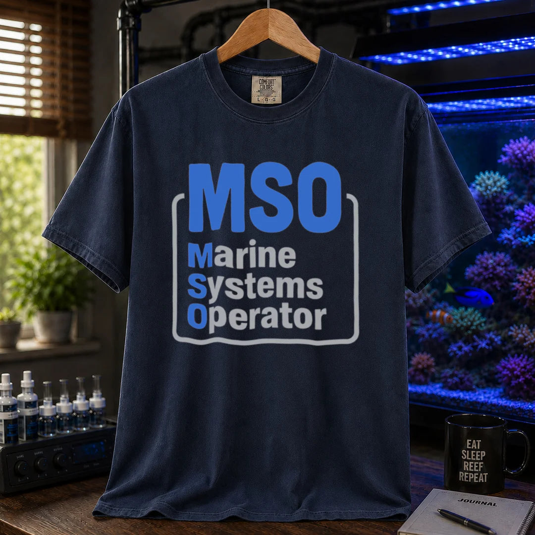 Saltwater aquarium graphic t-shirt featuring a boxed design with text: MSO Marine Systems Operator, navy crew neck tee