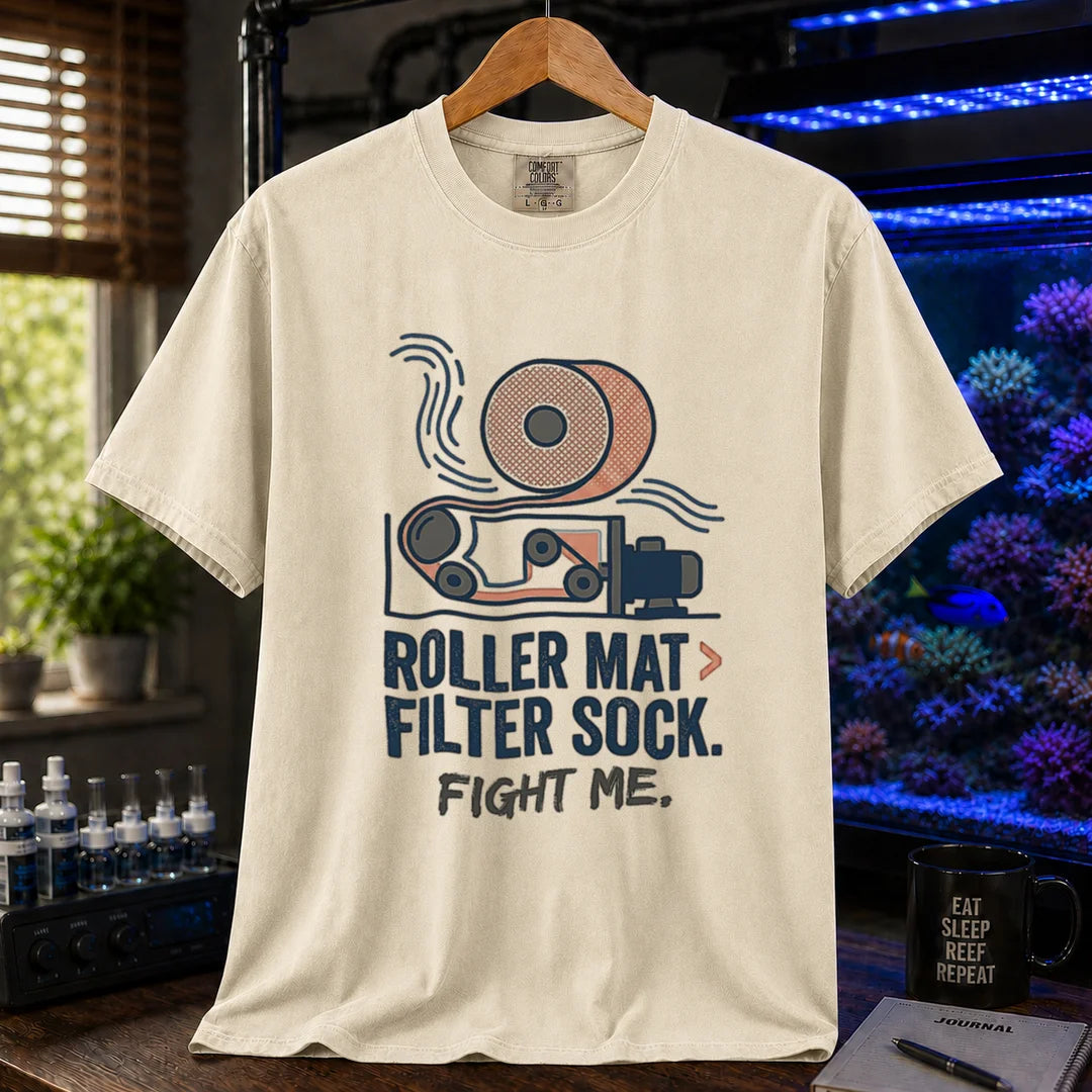Saltwater aquarium graphic t-shirt featuring an automatic filter roller illustration and text: ROLLER MAT > FILTER SOCK. FIGHT ME., cream, beige, ivory crew neck tee