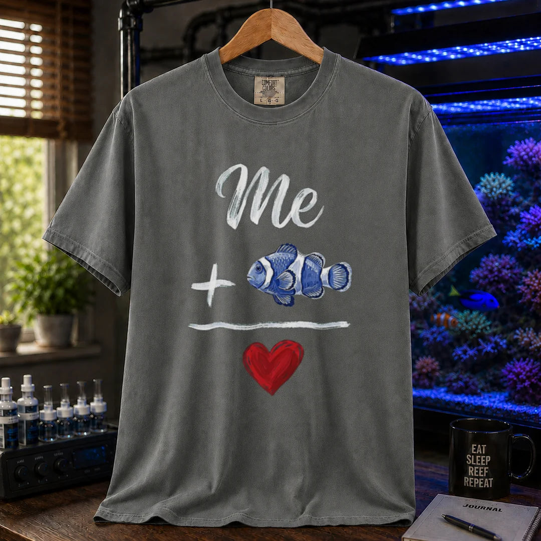 Saltwater aquarium graphic t-shirt featuring a hand-drawn math equation with text and art: Me + [Clownfish Illustration] = [Red Heart], dark grey crew neck tee