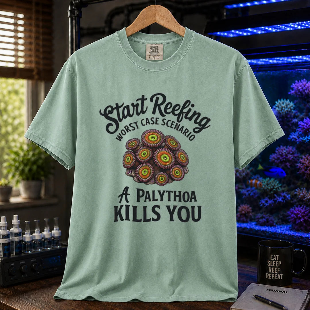 Saltwater aquarium graphic t-shirt featuring a palythoa coral polyp illustration with text: Start Reefing WORST CASE SCENARIO A PALYTHOA KILLS YOU, green crew neck tee