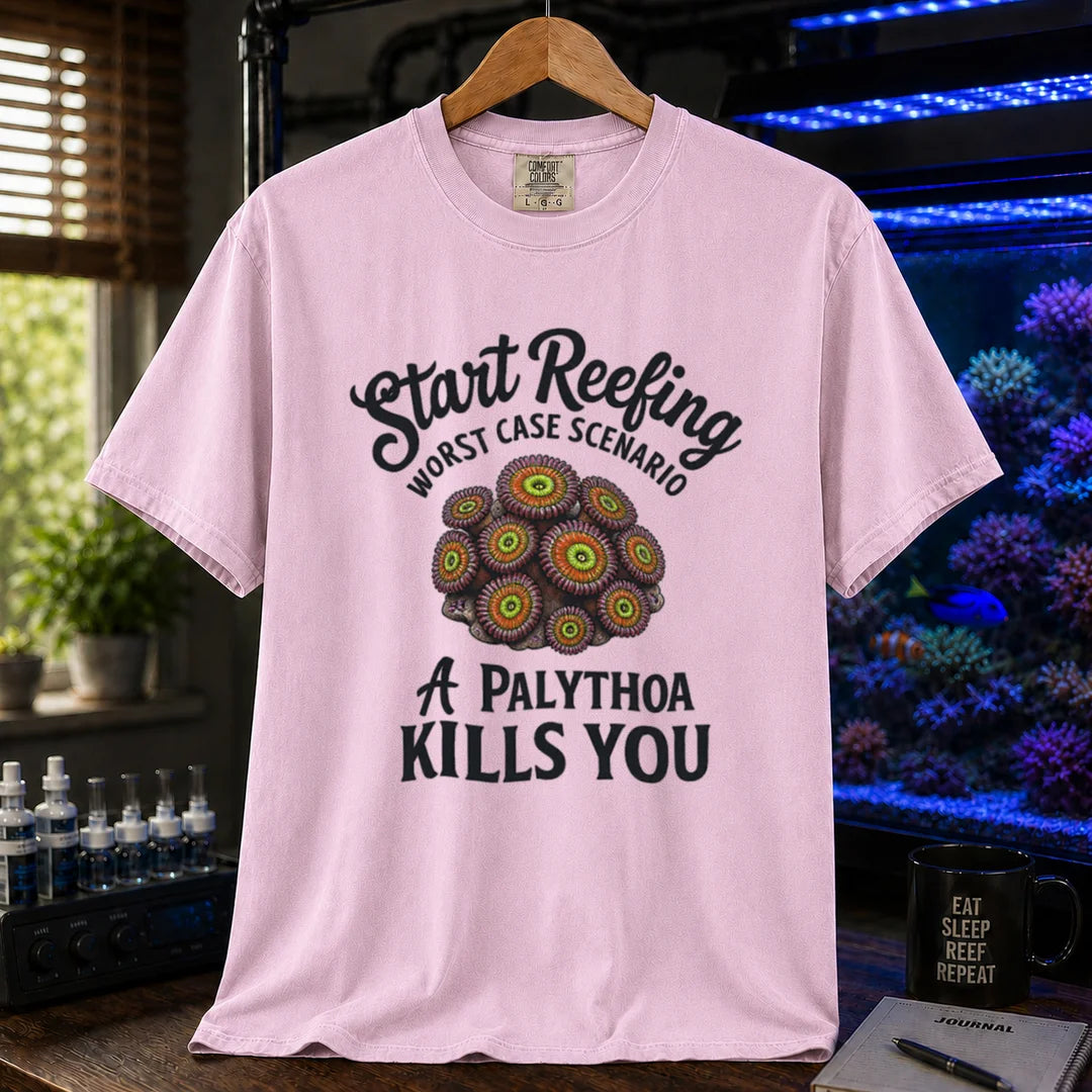 Saltwater aquarium graphic t-shirt featuring a palythoa coral polyp illustration with text: Start Reefing WORST CASE SCENARIO A PALYTHOA KILLS YOU, pink crew neck tee