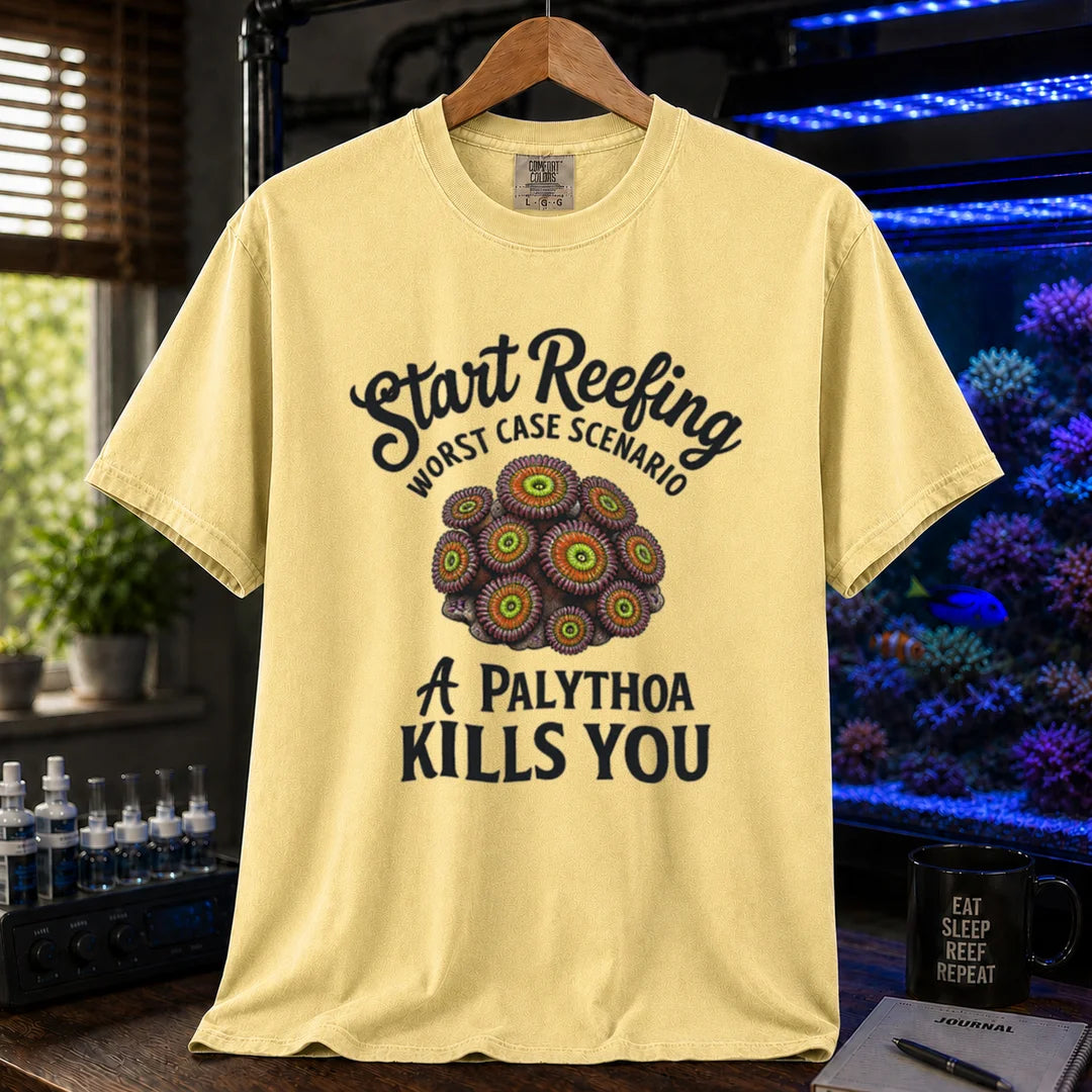 Saltwater aquarium graphic t-shirt featuring a palythoa coral polyp illustration with text: Start Reefing WORST CASE SCENARIO A PALYTHOA KILLS YOU, yellow crew neck tee